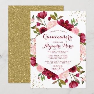 Modern Blush Burgundy Bloral Quinceanera Einladung
