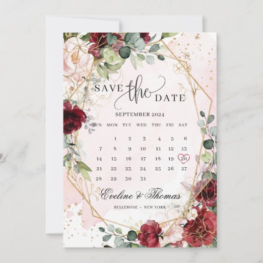 Modern blush burgundy geblümte gold geometrisch bo save the date (Vorderseite)