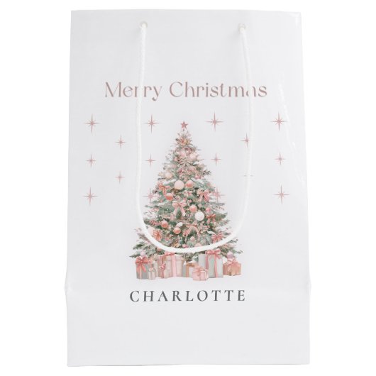 Modern Blush Christmas Tree Personalized Gift Bag Mittlere Geschenktüte (Rückseite)