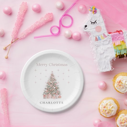Modern Blush Christmas Tree Personalized Holiday  Pappteller (Party)