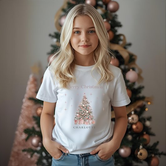 Modern Blush Christmas Tree – Personalized Kids T-Shirt