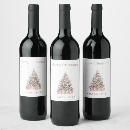 Modern Blush Christmas Tree Wine Label Weinetikett (Flaschen)