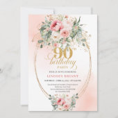 Modern Blush Floral Gold Minimal 90th Birthday Einladung (Vorderseite)
