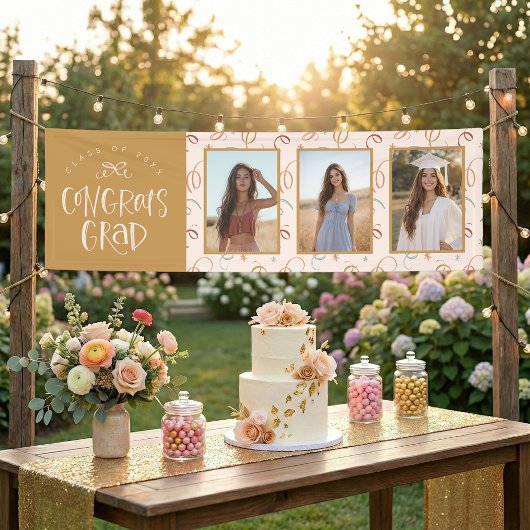 Modern Blush Gold Confetti 3 Photo Graduation Banner