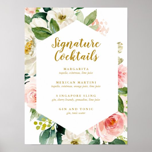 Modern Blush Gold Floral Signature Cocktail Menü Poster (Vorne)