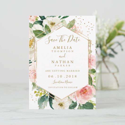 Modern Blush Gold Floral Wasserfarbe Save the Date (Stehend Vorderseite)