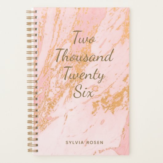 Modern Blush Gold Marmormuster Mädchenname Planer (Vorderseite)