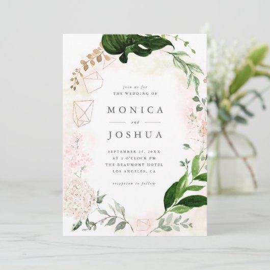Modern Blush & Green Botanical Greenerie Hochzeit Einladung (Stehend Vorderseite)