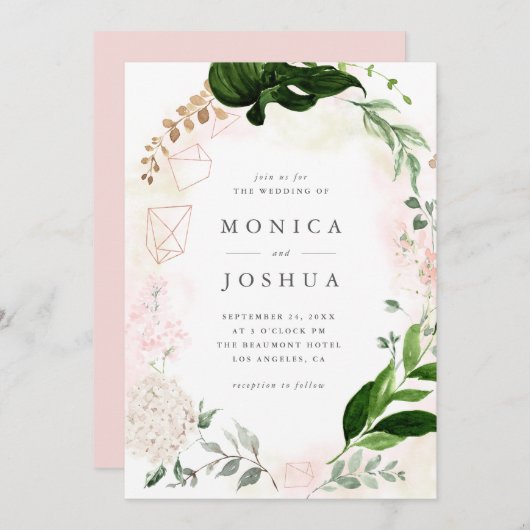 Modern Blush & Green Botanical Greenerie Hochzeit Einladung (Vorne/Hinten)