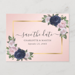 Modern Blush Navy Blue Gold Floral Save the Date Ankündigungspostkarte