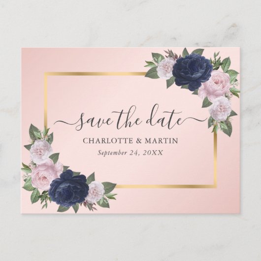 Modern Blush Navy Blue Gold Floral Save the Date Ankündigungspostkarte (Vorderseite)