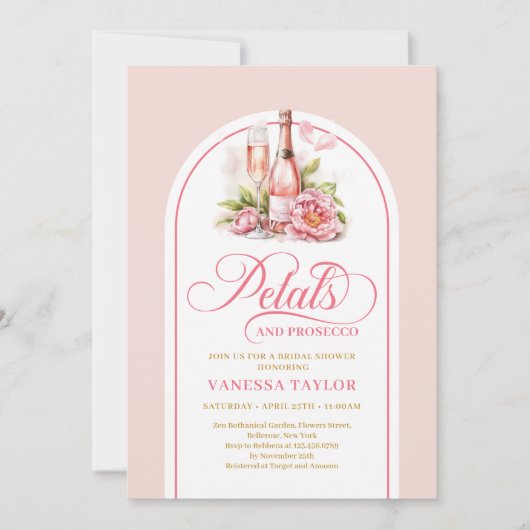 Modern blush petals and prosecco invite boho arch einladung (Vorderseite)
