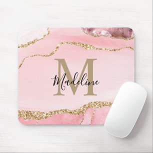 Modern Blush Pink Agate Geode Gold Script Monogram Mousepad