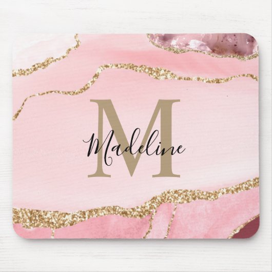 Modern Blush Pink Agate Geode Gold Script Monogram Mousepad (Vorne)