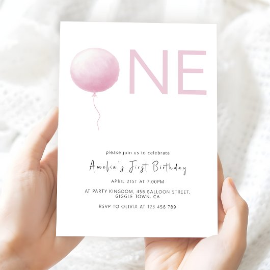 Modern Blush Pink Balloon Girl First Birthday Einladung