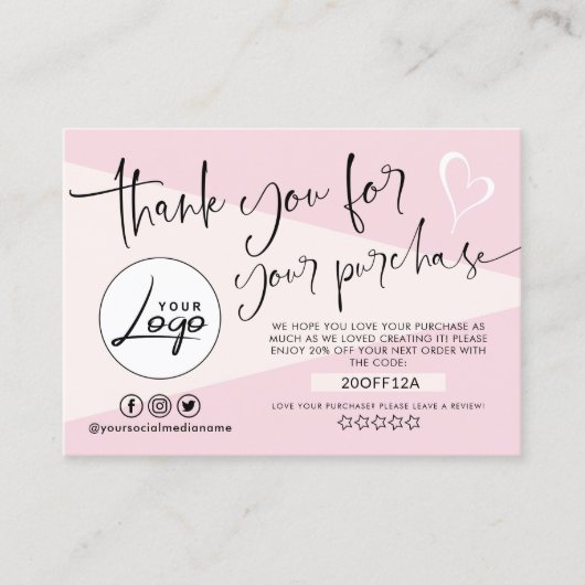 Modern Blush Pink Bestellung Danke Business Card Visitenkarte (Vorderseite)