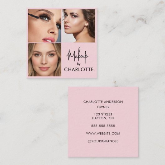 Modern Blush Pink Black Script 3 Photo Quadratische Visitenkarte (Vorne/Hinten)