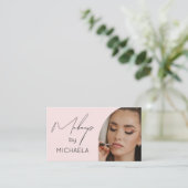 Modern Blush Pink Black Script Photo Makeup Visitenkarte (Stehend Vorderseite)