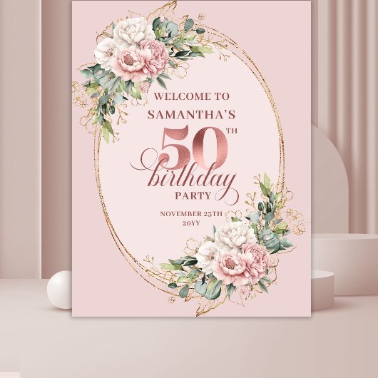 Modern Blush Pink Botanical 50th Birthday Backdrop Wandteppich