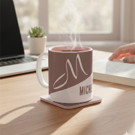 Modern Blush Pink & Cocoa Color Block Monogrammed Zweifarbige Tasse