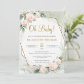 Modern Blush Pink Floral Green Gold Oh Baby Einladung (Stehend Vorderseite)