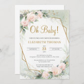 Modern Blush Pink Floral Green Gold Oh Baby Einladung (Vorne/Hinten)