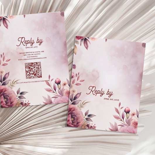 Modern Blush Pink Floral QR Code Romantic Wedding RSVP Karte