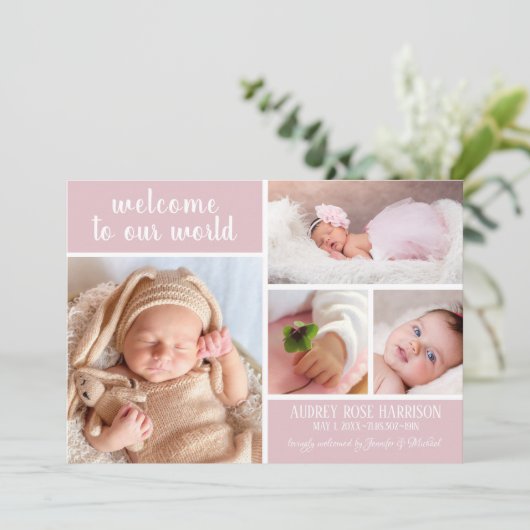 Modern Blush Pink Foto Collage Baby Girl Birth Ankündigung (Stehend Vorderseite)