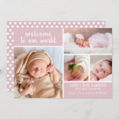 Modern Blush Pink Foto Collage Baby Girl Birth Ankündigung (Vorne/Hinten)