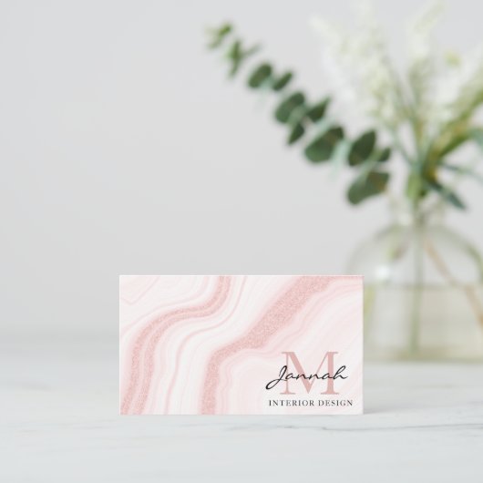 Modern Blush Pink Glitzer Marbour Agate Monogram Visitenkarte (Stehend Vorderseite)
