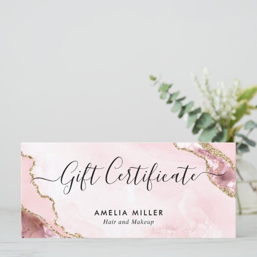 Modern Blush Pink Gold Agate Certificate Geschenkk (Stehend Vorderseite)