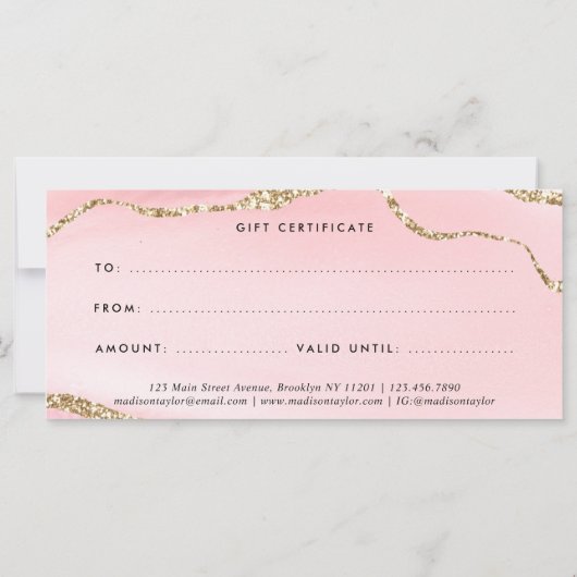 Modern Blush Pink Gold Agate Certificate Geschenkk (Rückseite)