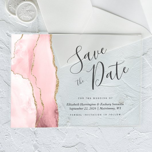 Modern Blush Pink Gold Agate Save the Date Karte Acryleinladungen