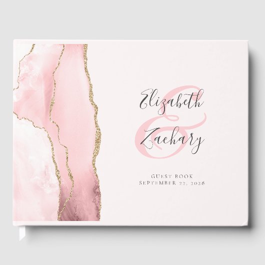 Modern Blush Pink Gold Agate Script Gästebuch (Vorderseite)