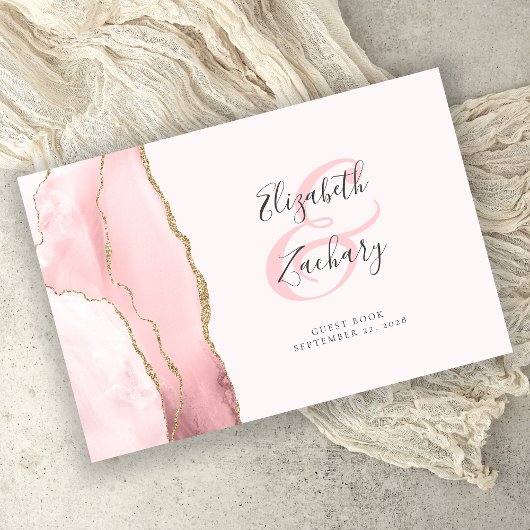 Modern Blush Pink Gold Agate Script Gästebuch