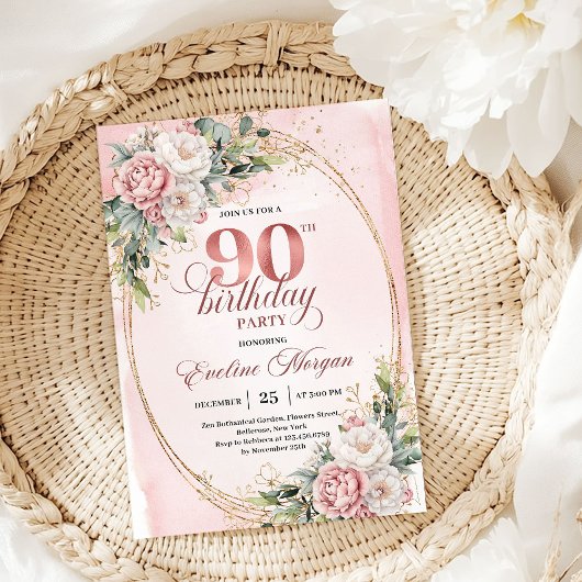 Modern Blush Pink Gold Eucalyptus 90th Birthday Einladung