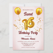 Modern Blush Pink Gold Glitzer Balloons Sweet 16 Einladung (Vorderseite)