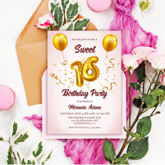 Modern Blush Pink Gold Glitzer Balloons Sweet 16 Einladung