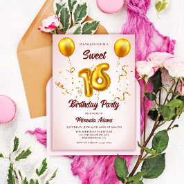 Modern Blush Pink Gold Glitzer Balloons Sweet 16 Einladung
