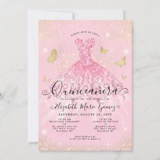 Modern Blush Pink Gold Glitzer Quinceanera Einladung