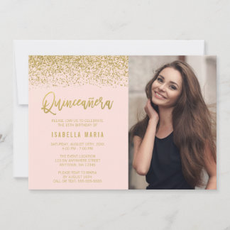 Modern Blush Pink Gold Glitzer Quinceanera Foto Einladung