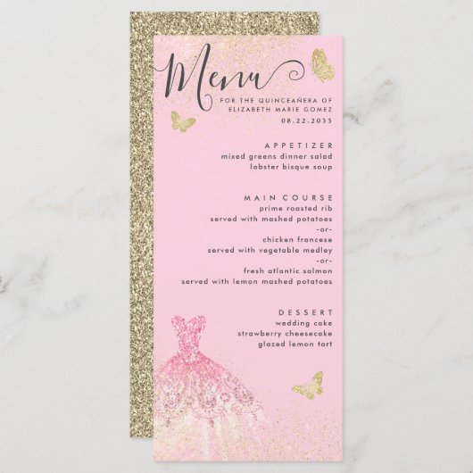 Modern Blush Pink Gold Glitzer Quinceanera Menükarte (Vorne/Hinten)