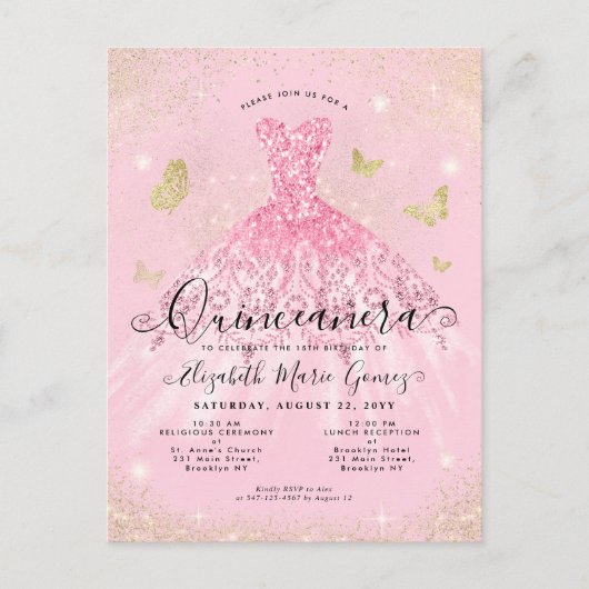 Modern Blush Pink Gold Glitzer Quinceanera Postkarte (Vorderseite)
