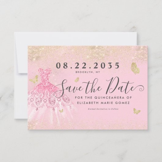 Modern Blush Pink Gold Glitzer Quinceanera Save The Date (Vorderseite)