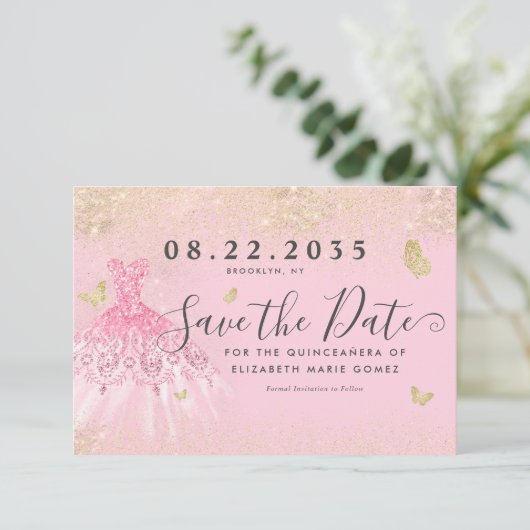 Modern Blush Pink Gold Glitzer Quinceanera Save The Date (Stehend Vorderseite)