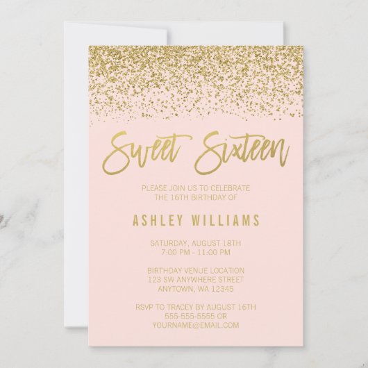 Modern Blush Pink Gold Glitzer Sweet 16 Einladung (Vorderseite)