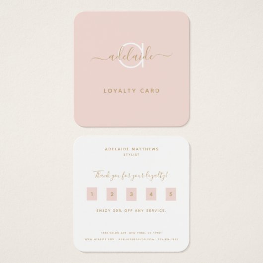 Modern Blush Pink Gold Monogram Name Loyalty Card (Vorne & Hinten)