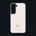 Modern Blush Pink Gold Script Monogram Samsung Galaxy Hülle<br><div class="desc">Modernes,  elegantes Monogramm-Design mit handgeschriebener,  minimalistischer Schriftzeichen-Typografie und serifenloser Blocktypografie auf elegantem pastellfarbenem,  blass rosa Hintergrund. Das Monogramm und der Name können leicht personalisiert werden.</div>