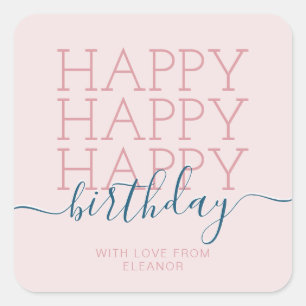 Modern blush pink Happy Birthday Quadratischer Aufkleber