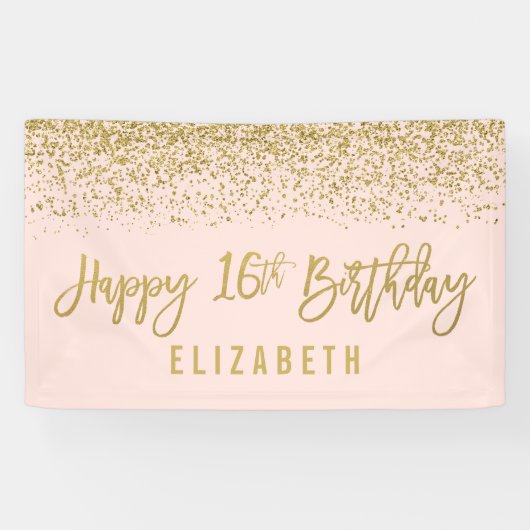 Modern Blush Pink Imitate Gold Glitzer 16. Geburts Banner (Horizontal)